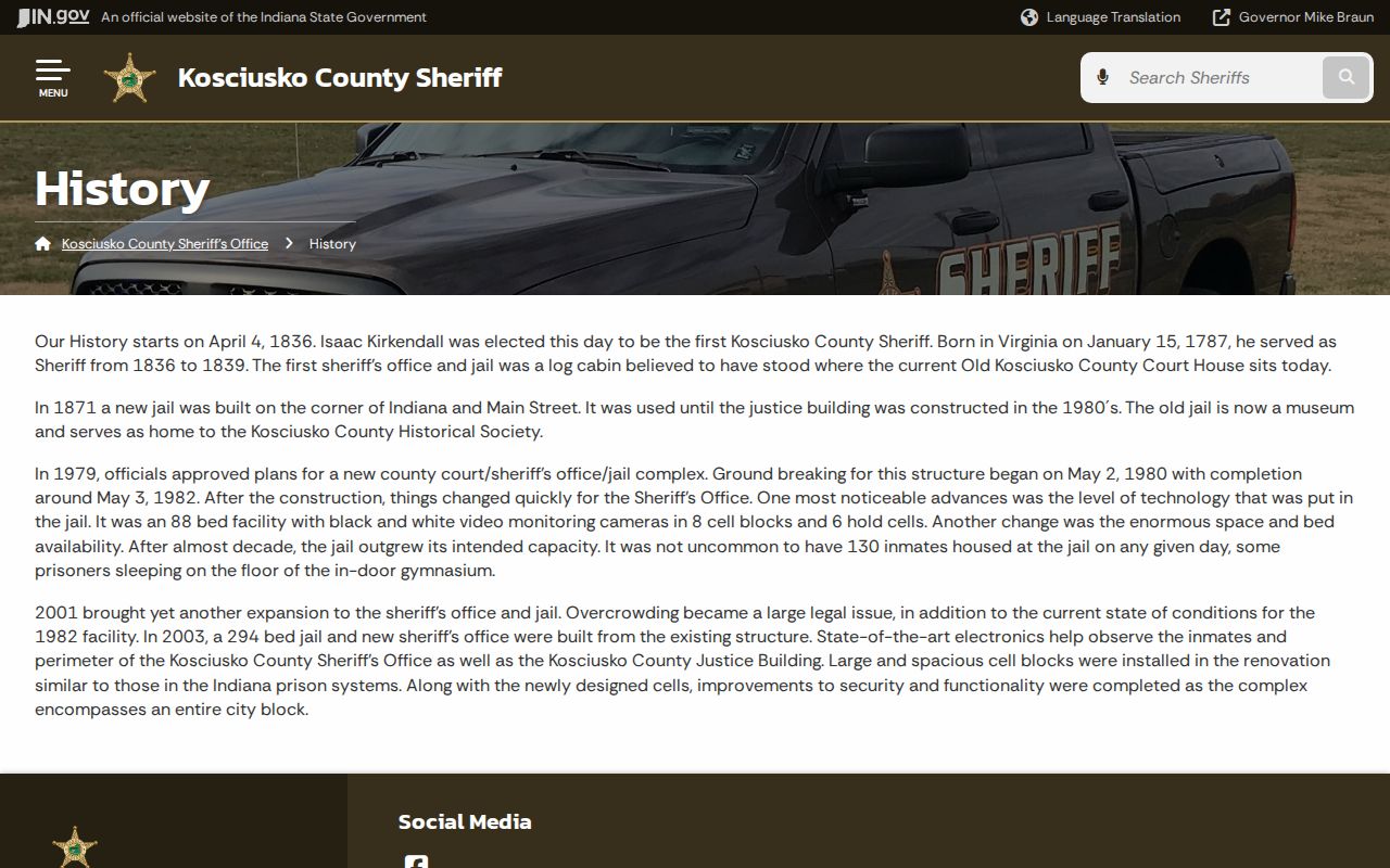 Official Kosciusko Sheriff history and Justice Building context