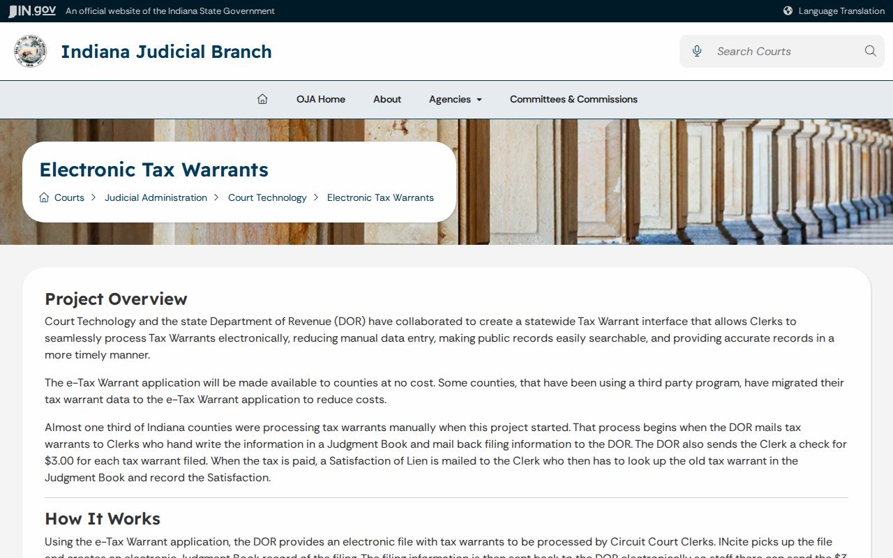 Indiana e-Tax Warrant page showing tax-only scope