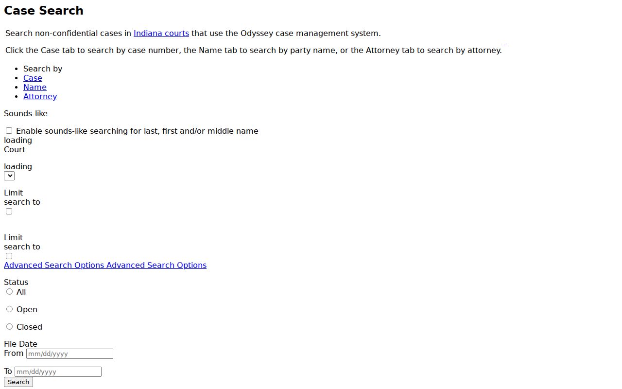 Indiana MyCase case, name, and attorney search controls used for Kosciusko County records